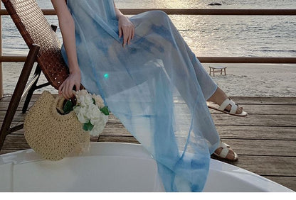 Spaghetti Strap Tie Dye Asymmetrical Sheer Open Back Maxi Sundress
