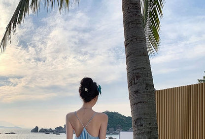 Spaghetti Strap Tie Dye Asymmetrical Sheer Open Back Maxi Sundress