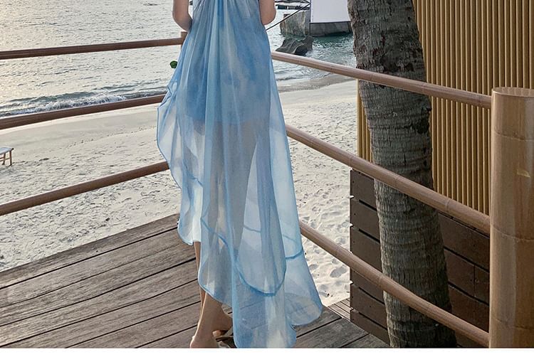 Spaghetti Strap Tie Dye Asymmetrical Sheer Open Back Maxi Sundress