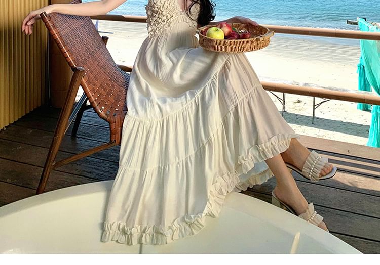 Spaghetti Strap V-Neck Plunge Plain Frill Trim Open Back Maxi A-Line Dress
