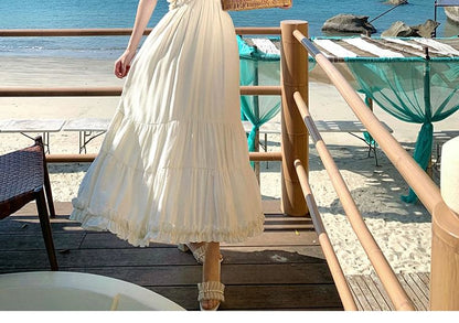 Spaghetti Strap V-Neck Plunge Plain Frill Trim Open Back Maxi A-Line Dress