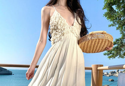 Spaghetti Strap V-Neck Plunge Plain Frill Trim Open Back Maxi A-Line Dress