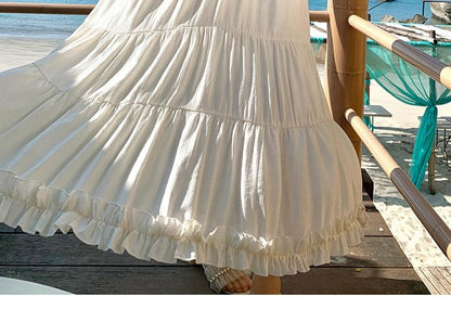 Spaghetti Strap V-Neck Plunge Plain Frill Trim Open Back Maxi A-Line Dress