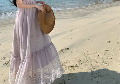 Spaghetti Strap V-Neck Lace Panel Tie Front Maxi A-Line Dress