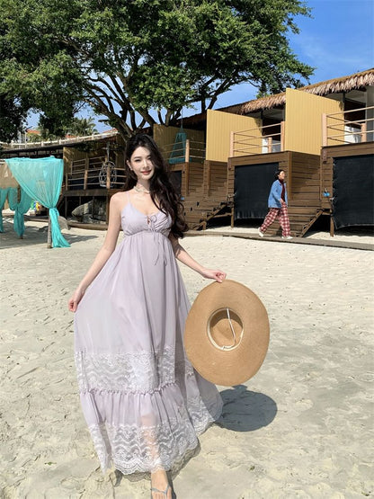 Spaghetti Strap V-Neck Lace Panel Tie Front Maxi A-Line Dress
