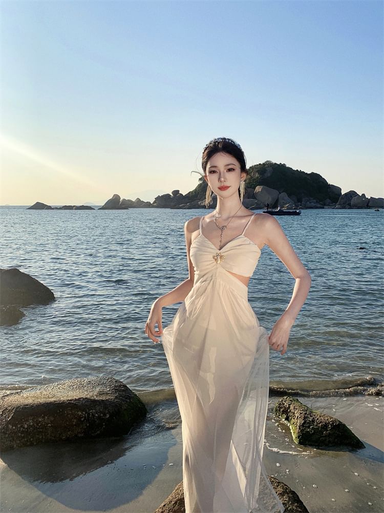 Spaghetti Strap V-Neck Plain Cutout Ruched Slit Maxi A-Line Dress