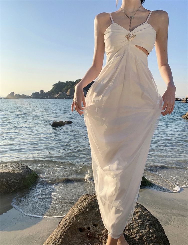 Spaghetti Strap V-Neck Plain Cutout Ruched Slit Maxi A-Line Dress