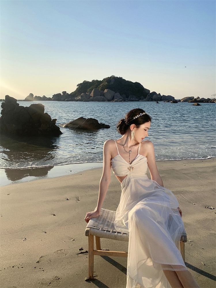 Spaghetti Strap V-Neck Plain Cutout Ruched Slit Maxi A-Line Dress
