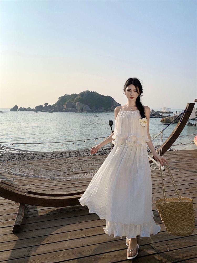 Layered Ruffle Solid Crop Camisole & High-Waist Midi Flared Skirt Set