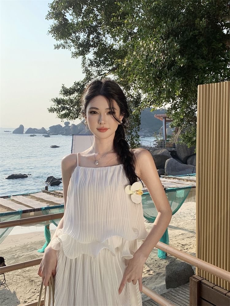 Layered Ruffle Solid Crop Camisole & High-Waist Midi Flared Skirt Set