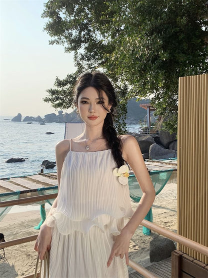 Layered Ruffle Solid Crop Camisole & High-Waist Midi Flared Skirt Set