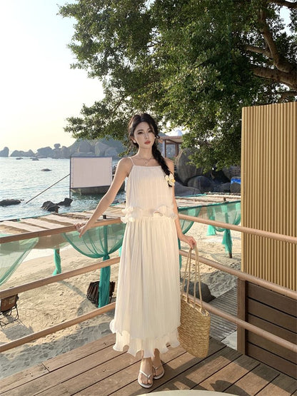 Layered Ruffle Solid Crop Camisole & High-Waist Midi Flared Skirt Set