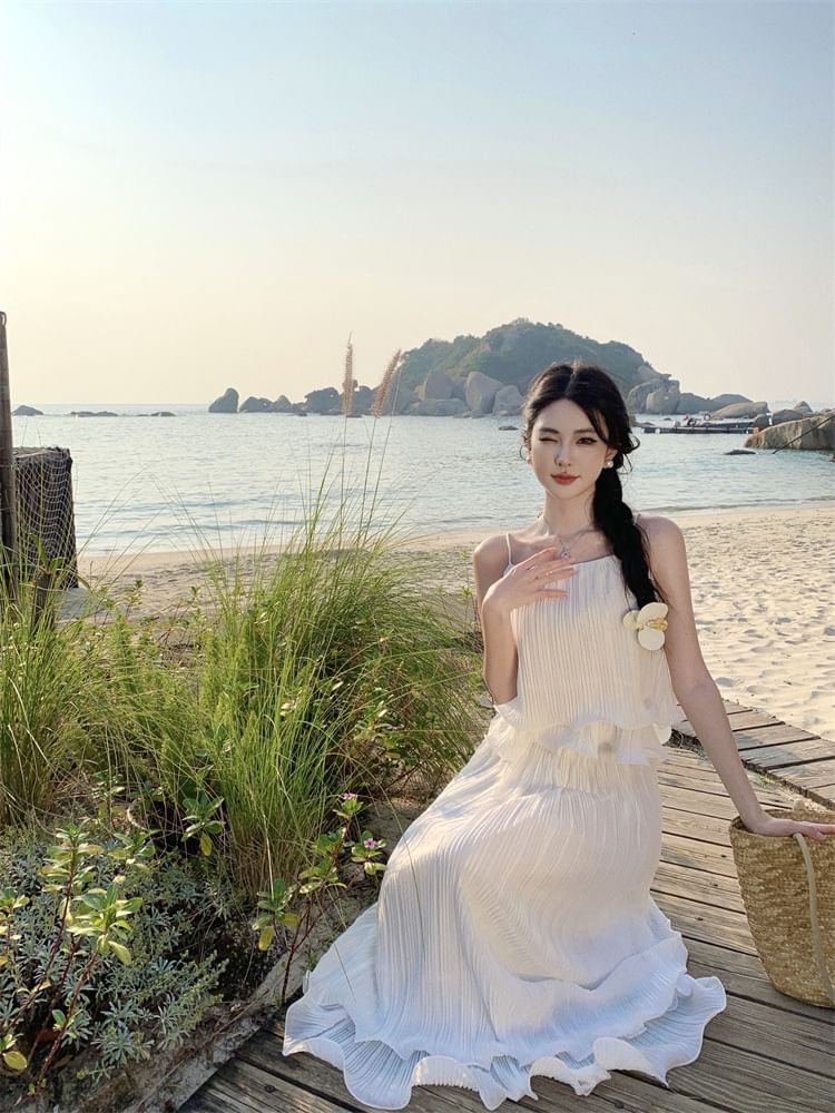 Layered Ruffle Solid Crop Camisole & High-Waist Midi Flared Skirt Set