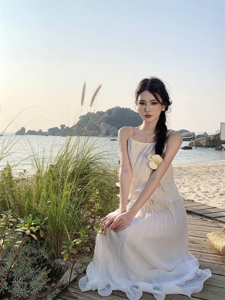 Layered Ruffle Solid Crop Camisole & High-Waist Midi Flared Skirt Set