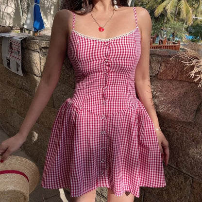 Spaghetti Strap Scoop Neck Gingham Button-Up Mini A-Line Dress
