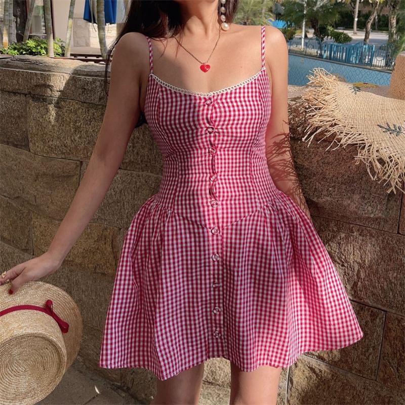 Spaghetti Strap Scoop Neck Gingham Button-Up Mini A-Line Dress