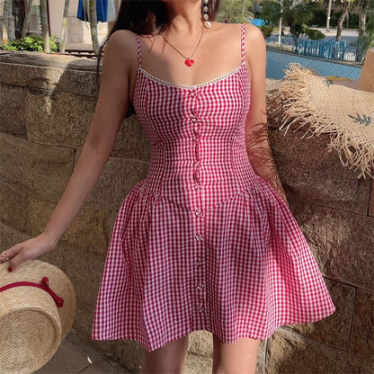 Spaghetti Strap Scoop Neck Gingham Button-Up Mini A-Line Dress