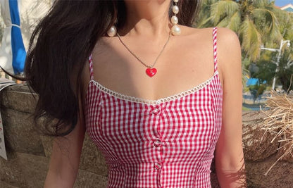 Spaghetti Strap Scoop Neck Gingham Button-Up Mini A-Line Dress