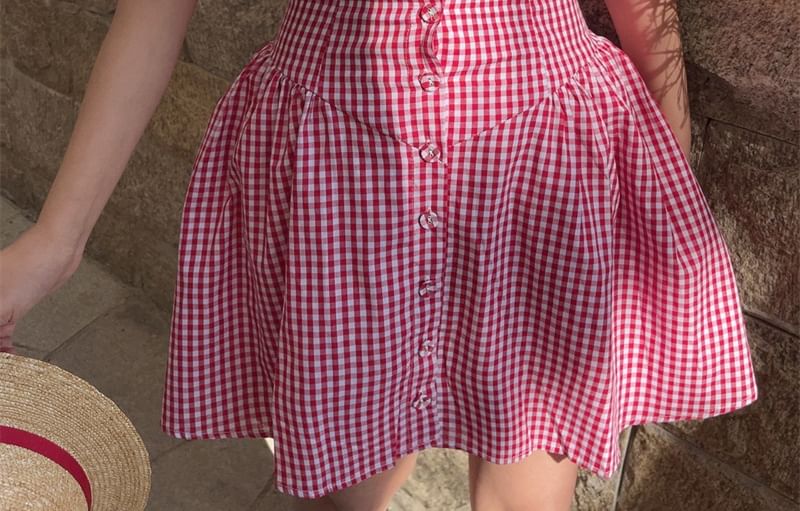Spaghetti Strap Scoop Neck Gingham Button-Up Mini A-Line Dress