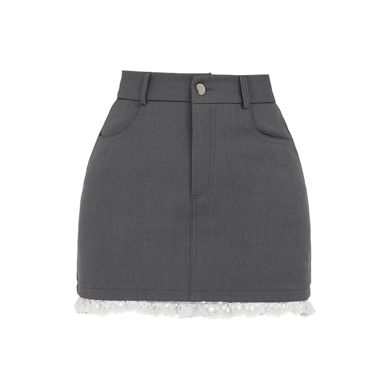 Lace Embellished Mini Pencil Skirt with High Rise