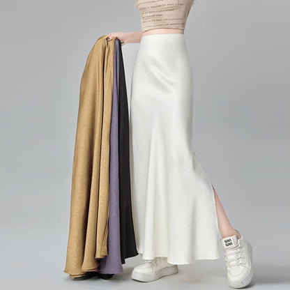 Midi A-Line Skirt with Slit and High Waistband