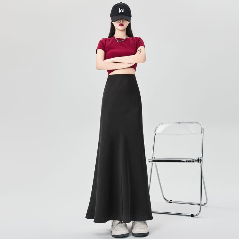 Midi A-Line Skirt with Slit and High Waistband