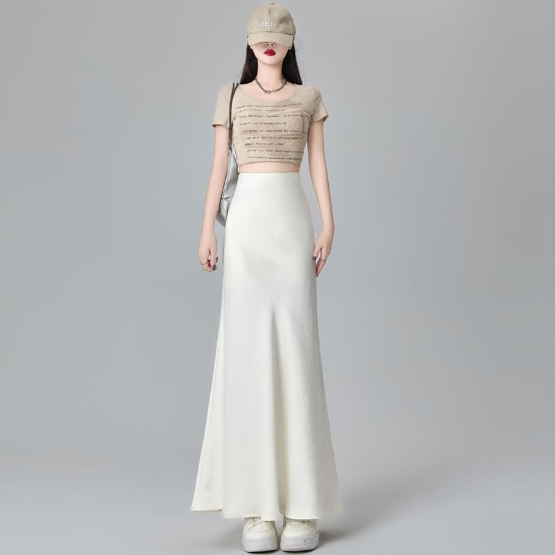 Midi A-Line Skirt with Slit and High Waistband