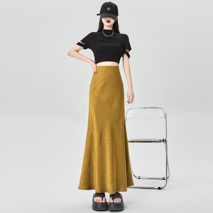 Midi A-Line Skirt with Slit and High Waistband