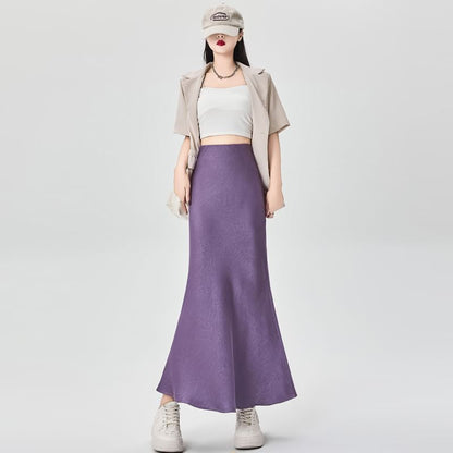 Midi A-Line Skirt with Slit and High Waistband