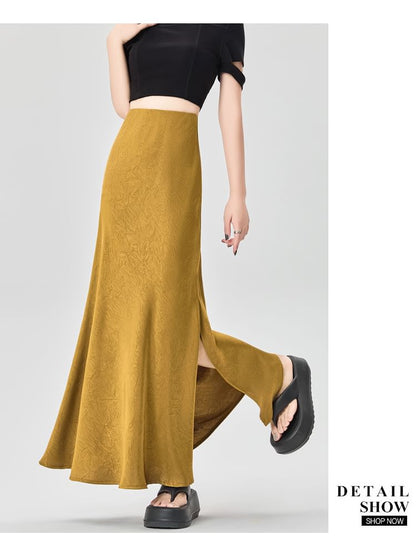 Midi A-Line Skirt with Slit and High Waistband