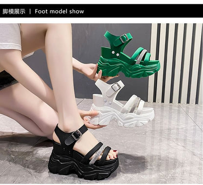 Rhinestone Strappy Platform Chunky Heel Sandals