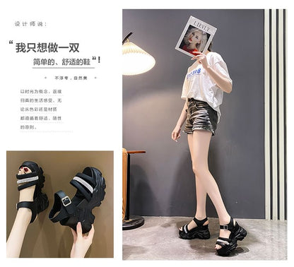 Rhinestone Strappy Platform Chunky Heel Sandals
