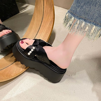 Patterned Knot Faux Pearl Platform Slide Sandals