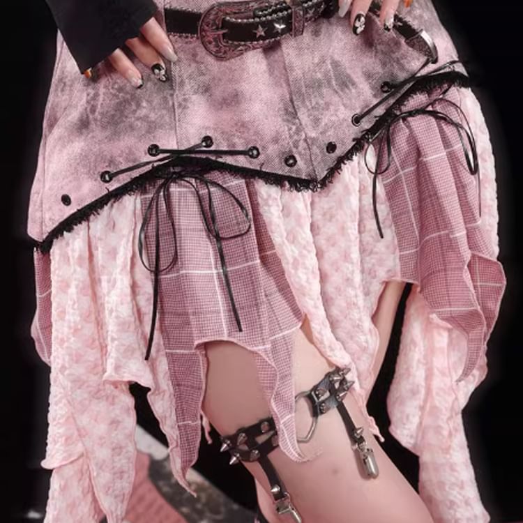 Mid-Rise Plaid Panel Asymmetric Denim Mini A-Line Skirt