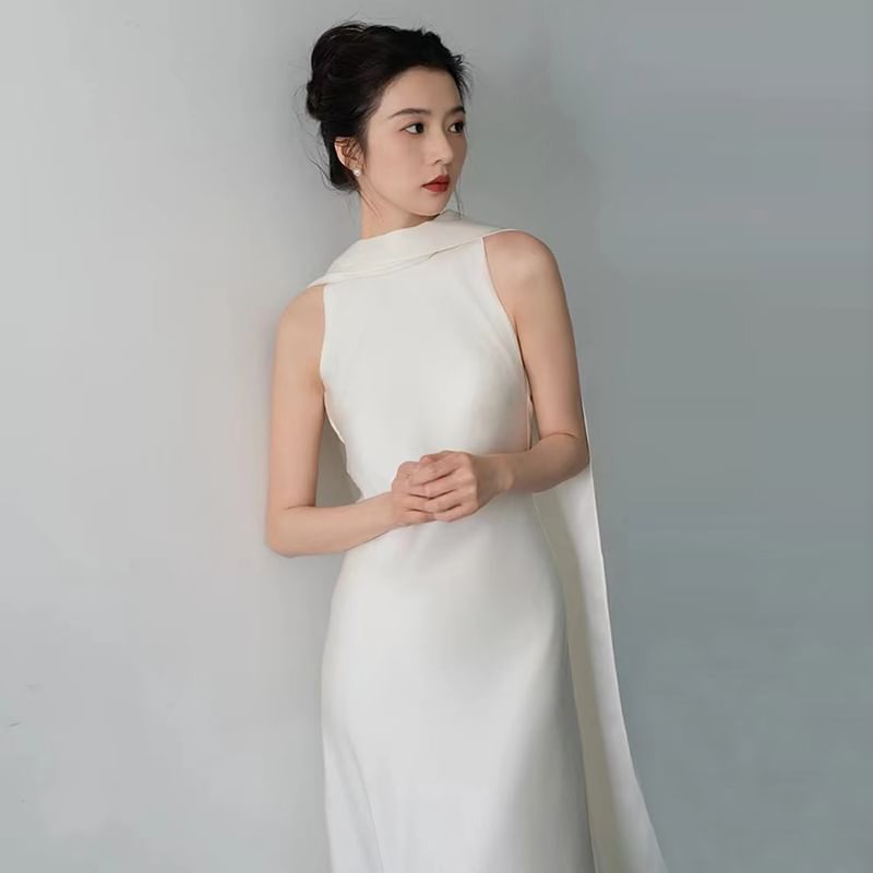 Sleeveless Scarf Neck Plain Satin Maxi Trumpet Wedding Dress