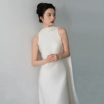 Sleeveless Scarf Neck Plain Satin Maxi Trumpet Wedding Dress