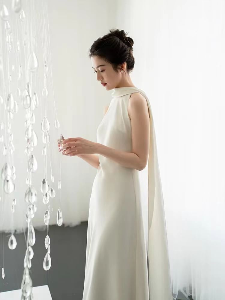 Sleeveless Scarf Neck Plain Satin Maxi Trumpet Wedding Dress