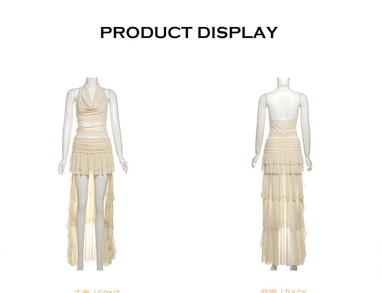 Cowl Neck Solid Cropped Halter & Asymmetric Long A-Line Skirt Set