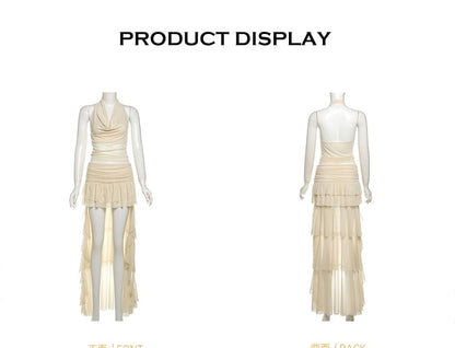 Cowl Neck Solid Cropped Halter & Asymmetric Long A-Line Skirt Set
