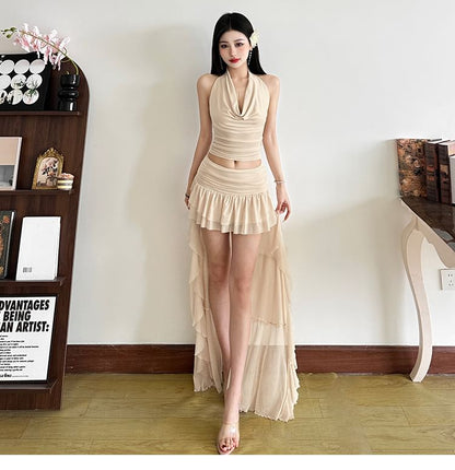 Cowl Neck Solid Cropped Halter & Asymmetric Long A-Line Skirt Set