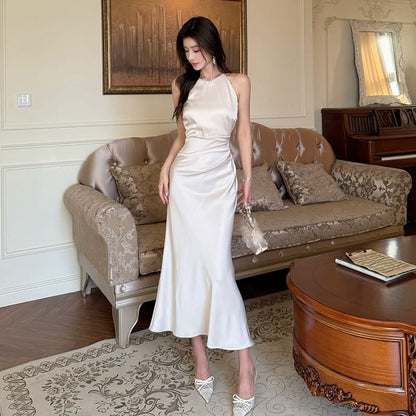 Spaghetti Strap Plain Ruched Satin Maxi Mermaid Dress