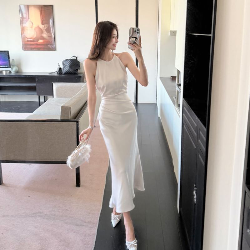 Spaghetti Strap Plain Ruched Satin Maxi Mermaid Dress