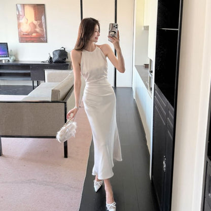 Spaghetti Strap Plain Ruched Satin Maxi Mermaid Dress