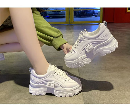 Platform Lace-Up Plain Faux Leather Sneakers