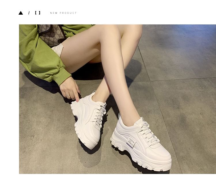 Platform Lace-Up Plain Faux Leather Sneakers