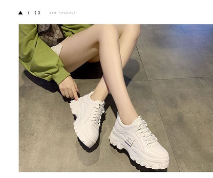 Platform Lace-Up Plain Faux Leather Sneakers