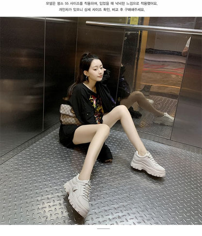 Platform Lace-Up Plain Faux Leather Sneakers