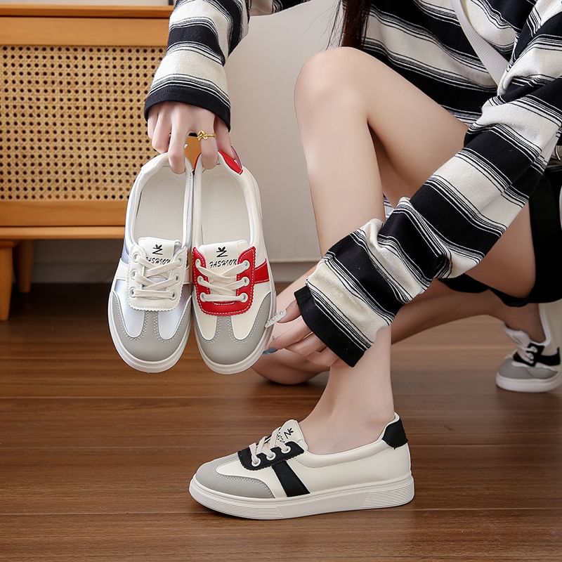 Color Block Lace-Up Faux Leather Sneakers