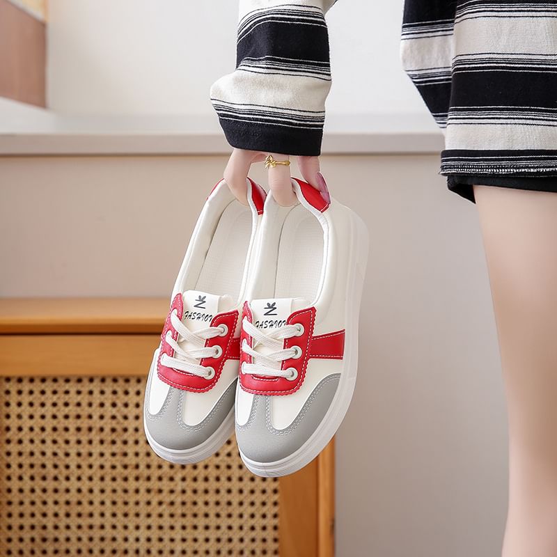 Color Block Lace-Up Faux Leather Sneakers