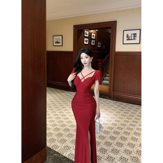 Short-Sleeve V-Neck Plain Ruched Slit Mermaid Evening Dress